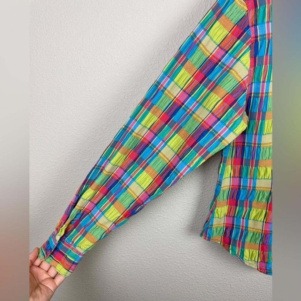 VTG Junior's Medium Roughrider by Circle K Rainbow Plaid Collared Shirt Smocked - Picture 11 of 16